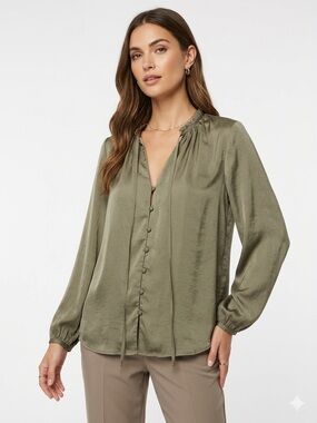 Fika NWOT Silky Olive Green Button-Front Blouse Long Sleeve